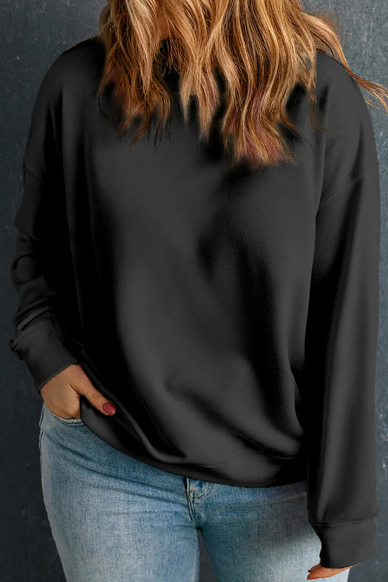 Plus Size Round Neck Long Sleeve Sweatshirt Black