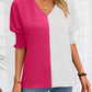 Contrast V-Neck Lantern Sleeve Blouse