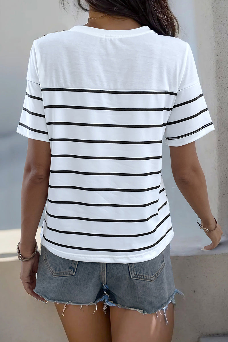 Perfee Decorative Button Striped Short Sleeve T-Shirt