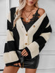 Waffle-Knit V-Neck Striped Long Sleeve Cardigan Ivory