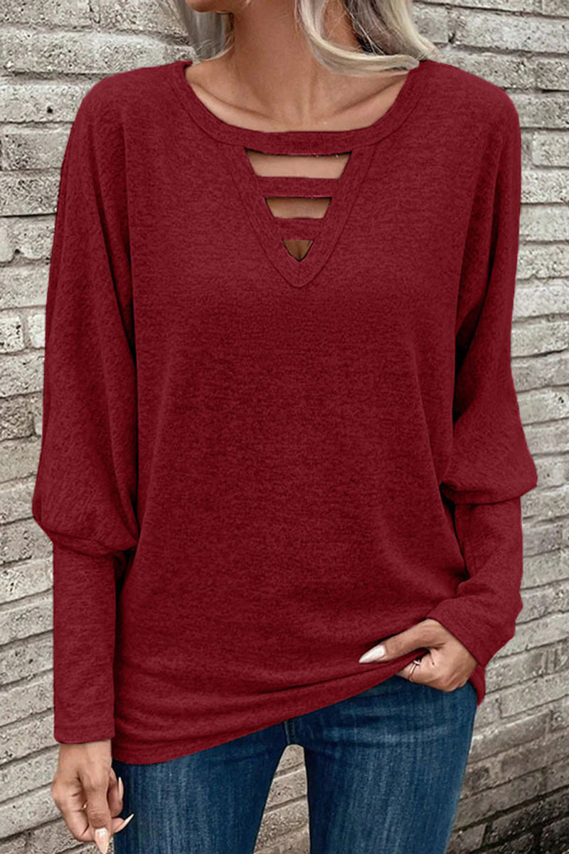 Cutout Round Neck Long Sleeve T-Shirt Burgundy