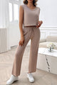 Ribbed Round Neck Top and Pants Set Taupe