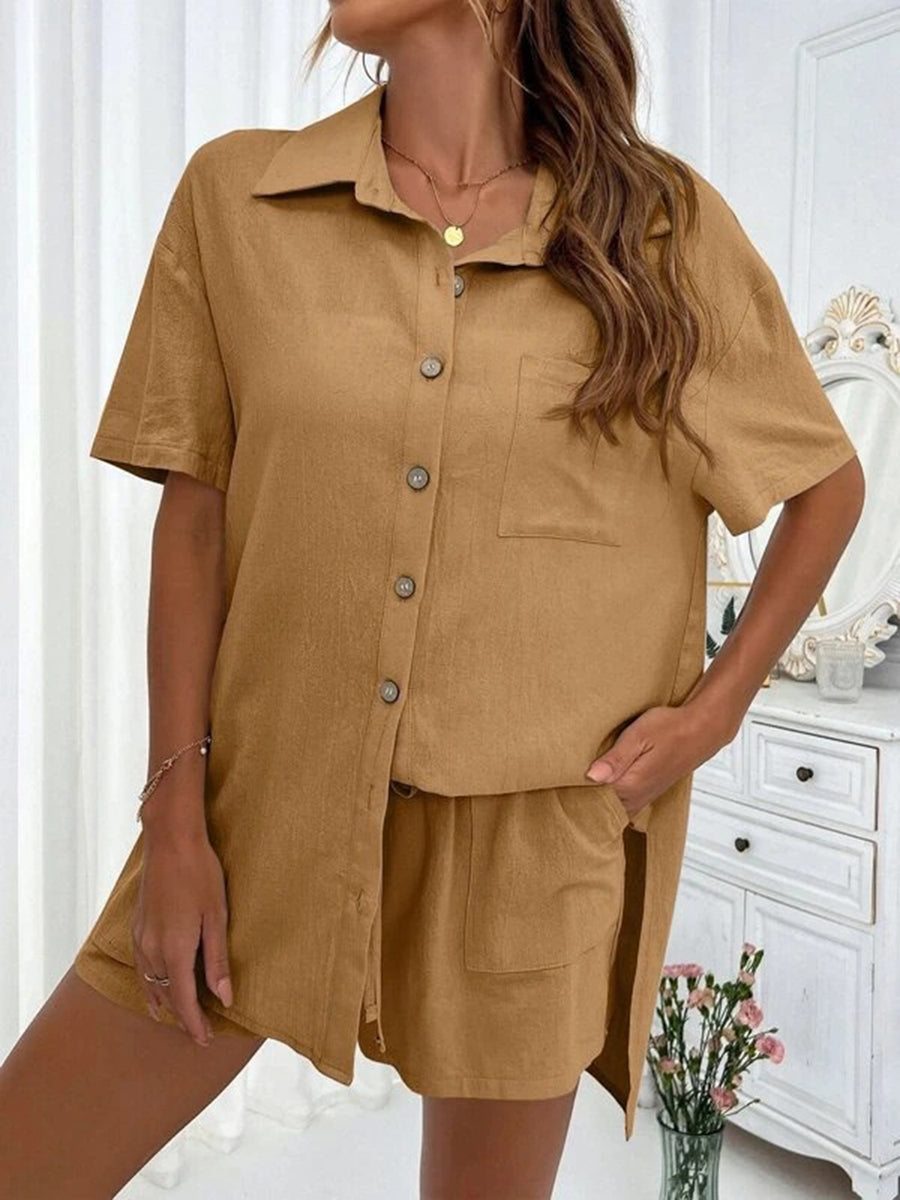 Button Up Shirt and Drawstring Shorts Set Camel