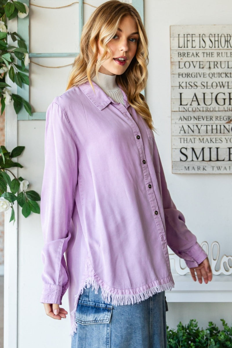 Veveret Raw Hem Button Up Long Sleeve Shirt