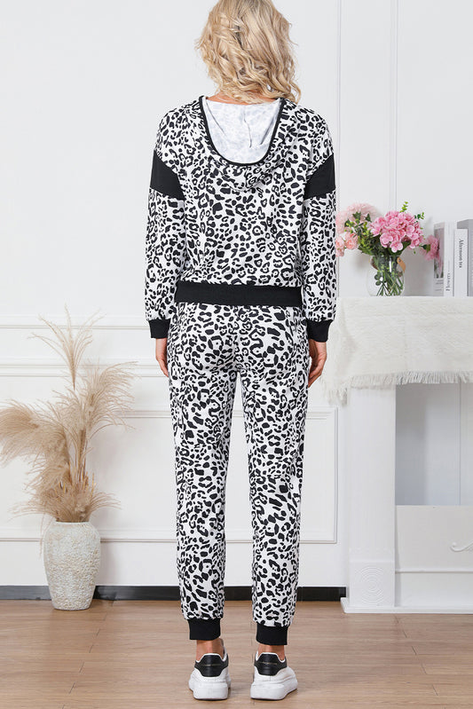 Leopard Contrast Hoodie and Pants Set