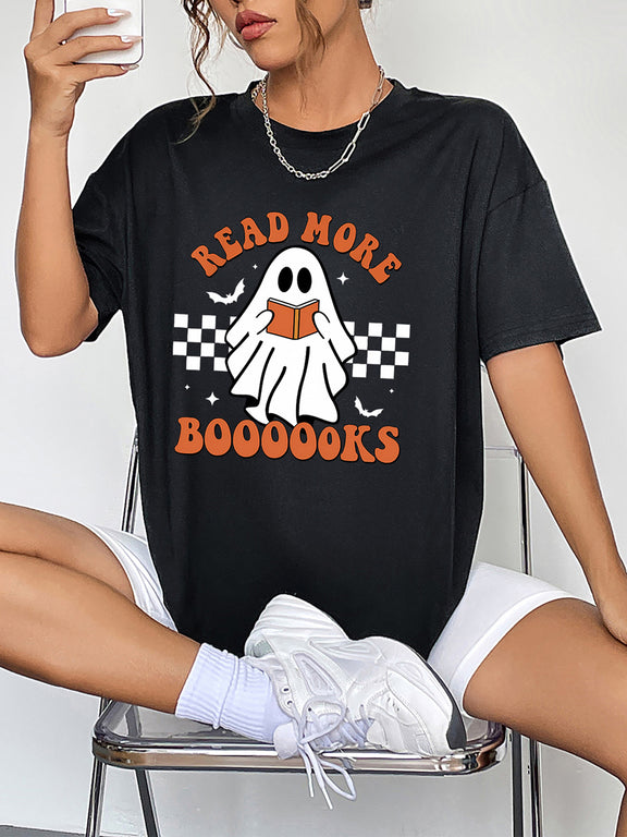 Round Neck Short Sleeve Ghost Graphic T-Shirt Black
