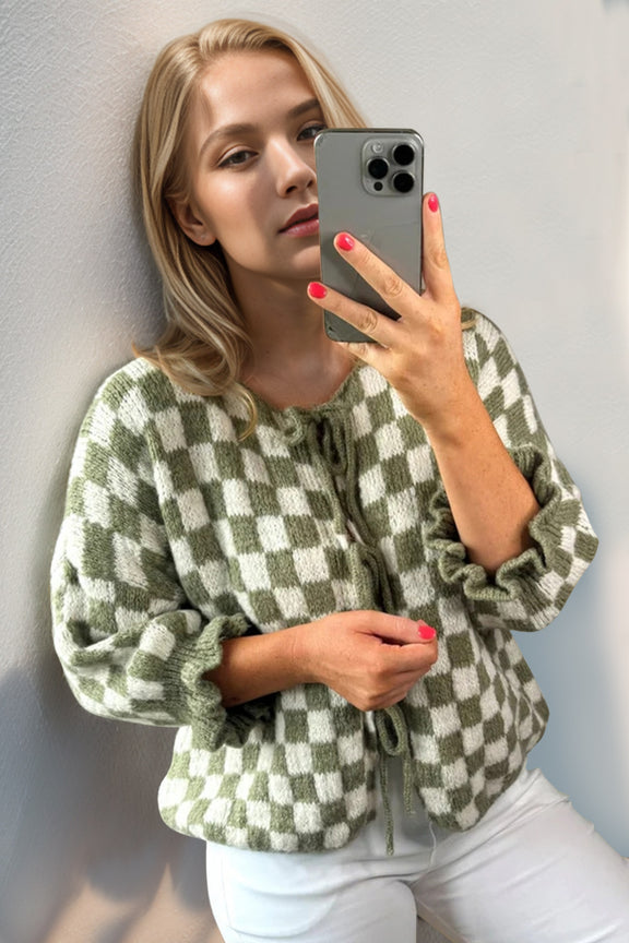 Double Take Tied Checkered Dropped Shoulder Flounce Sleeve Cardigan Matcha Green