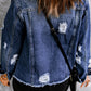 Mixed Print Distressed Button Front Denim Jacket