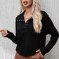 Ribbed Knit Henry Collar Loose Fitting Long Sleeve Top