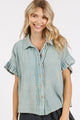 Mittoshop Mineral Washed Button Down Flounce Sleeve Shirt Faded Blue