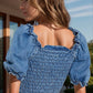 Smocked Square Neck Short Sleeve Denim Top