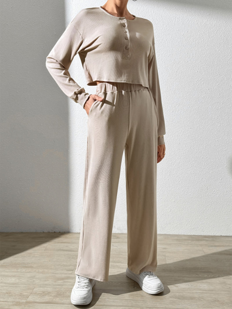 Half Button Long Sleeve Top and Pants Set