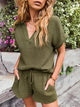 Notched Short Sleeve Top and Shorts Set Moss