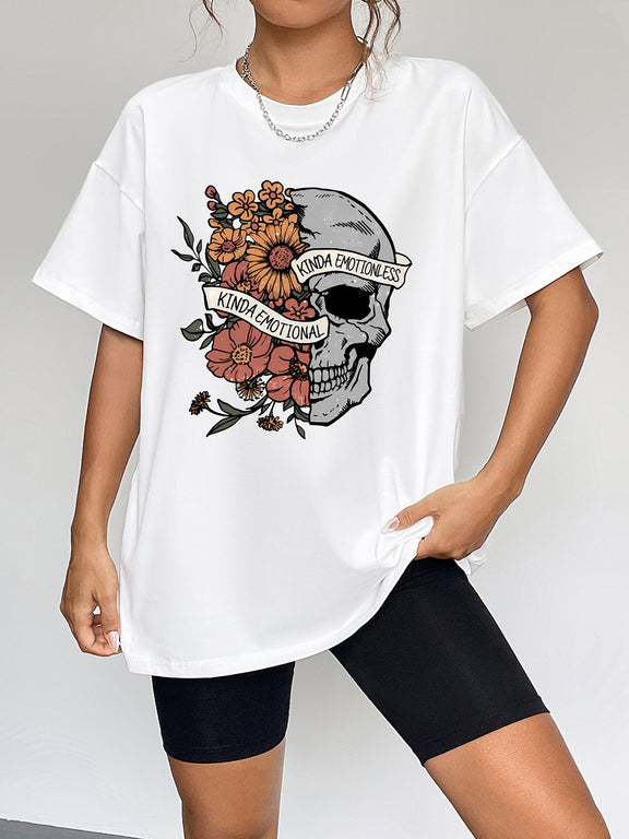 Round Neck Short Sleeve Graphic T-Shirt White