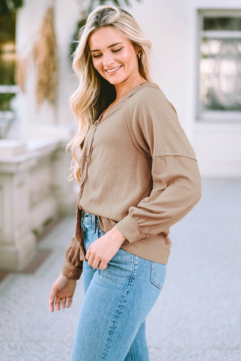 Button Down V-Neck Waffle Knit Shirt