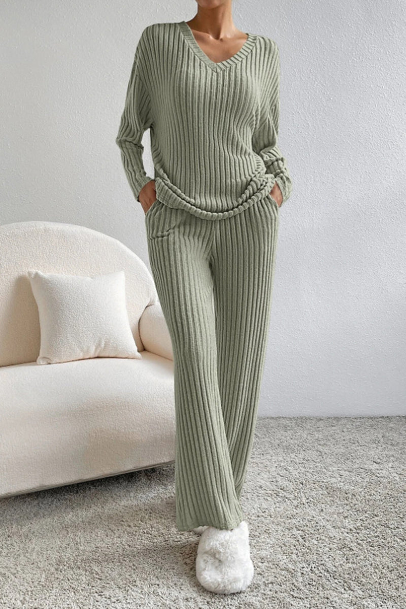 Ribbed V-Neck Top and Pants Set Sage