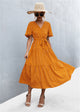 Printed V-Neck Flutter Sleeve Belted Dress Tangerine