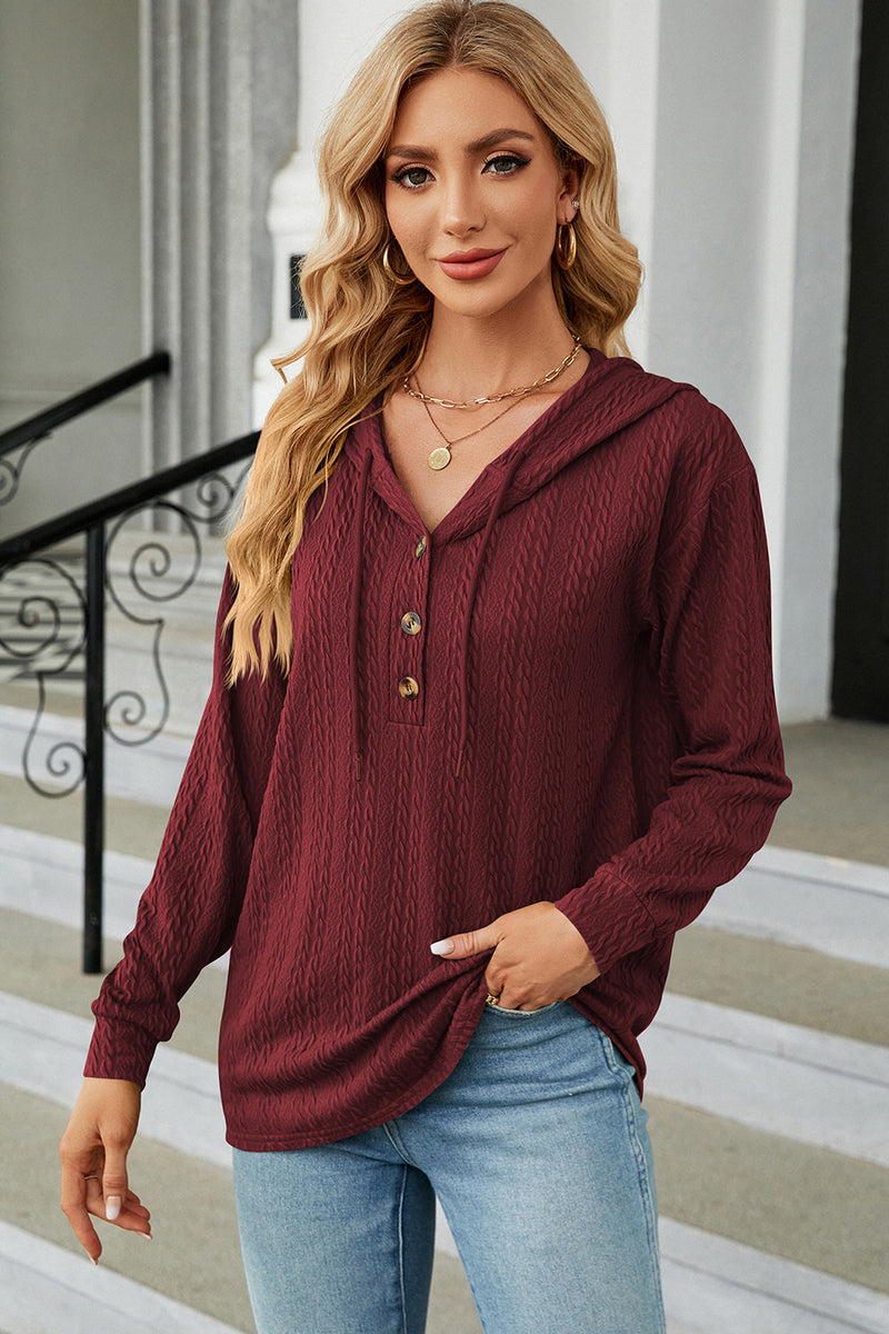 Drawstring Half Button Long Sleeve Hoodie Burgundy