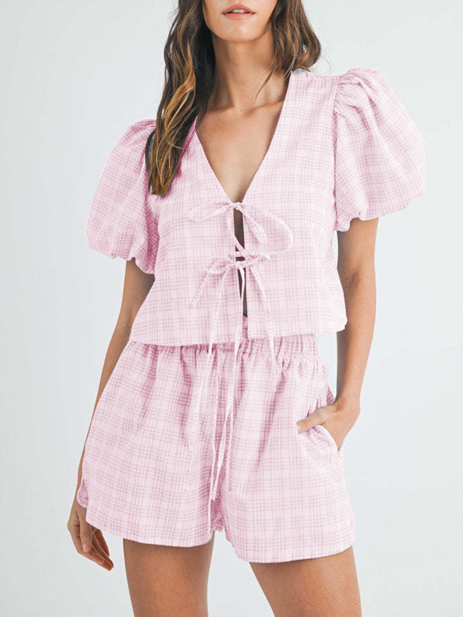 V-Neck Puff Sleeve Top and Shorts Set Blush Pink