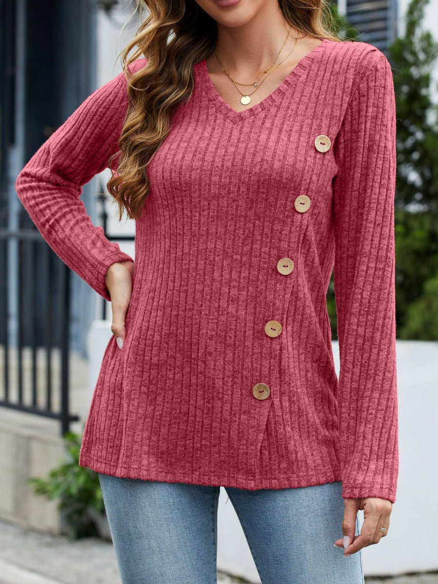 V-Neck Long Sleeve T-Shirt Deep Rose