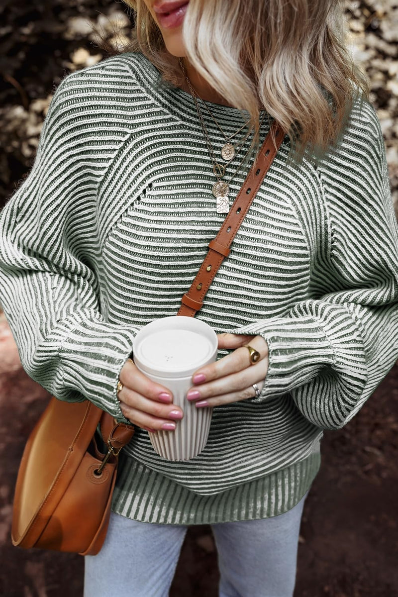 Textured Striped Round Neck Long Sleeve Top Air Force Blue