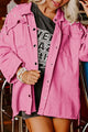 Raw Hem Pearl Trim Dropped Shoulder Denim Jacket Fuchsia Pink M