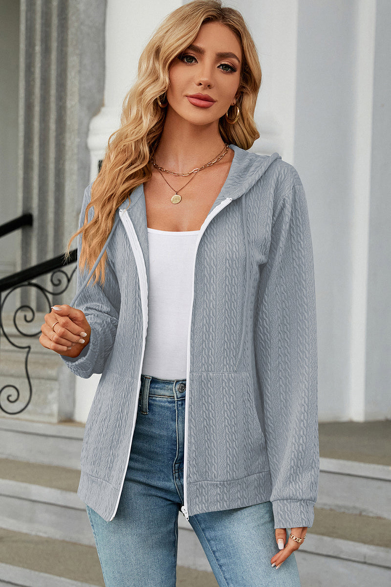 Drawstring Zip Up Long Sleeve Hoodie Light Blue