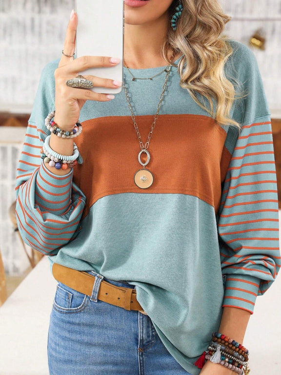 Round Neck Striped Long Sleeve Slit T-Shirt Turquoise