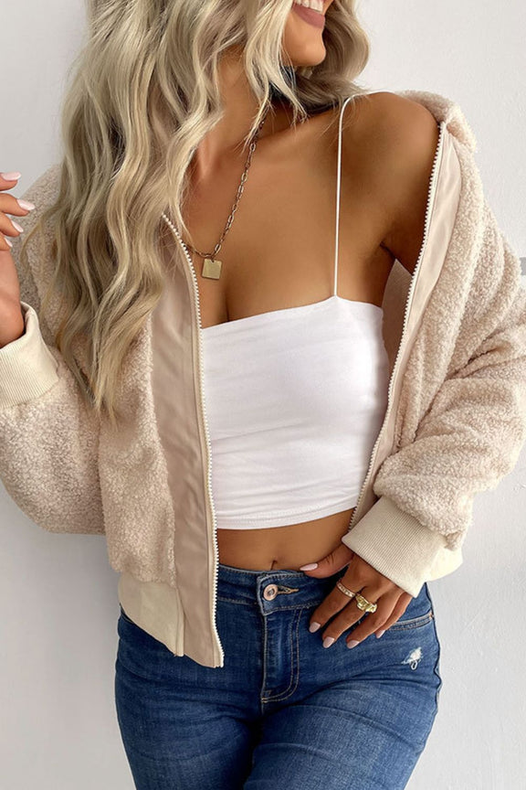 Perfee Zip-Up Sherpa Collared Neck Jacket with Pockets Cream