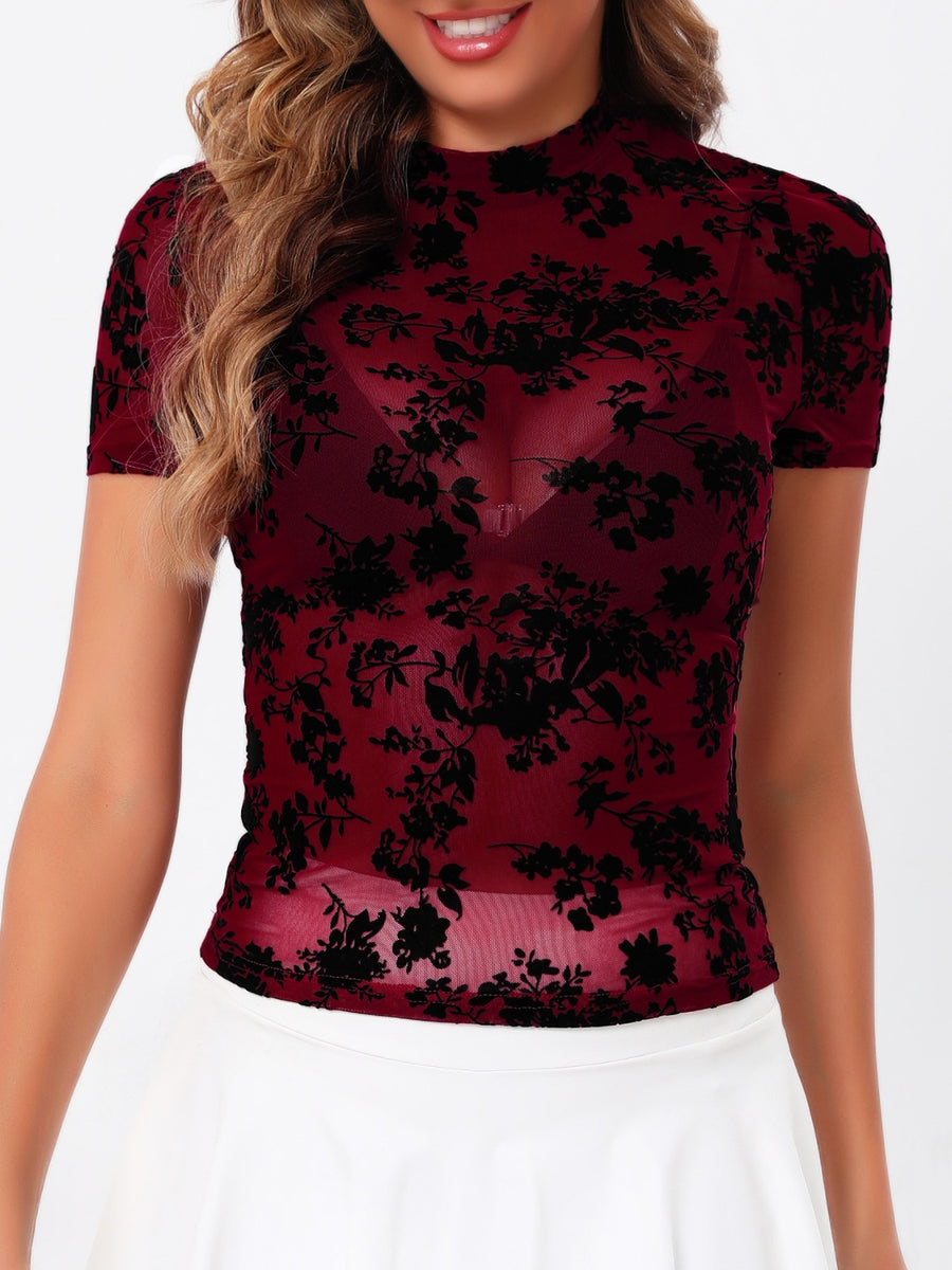Mock Neck Short Sleeve Top Burgundy