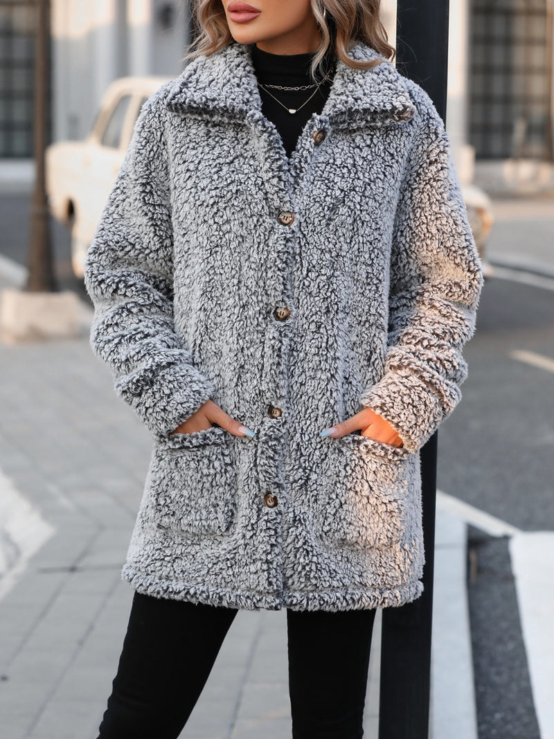 Pocketed Collared Neck Long Sleeve Plush Jacket Black