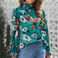 Floral Smocked Mock Neck Flounce Sleeve Blouse