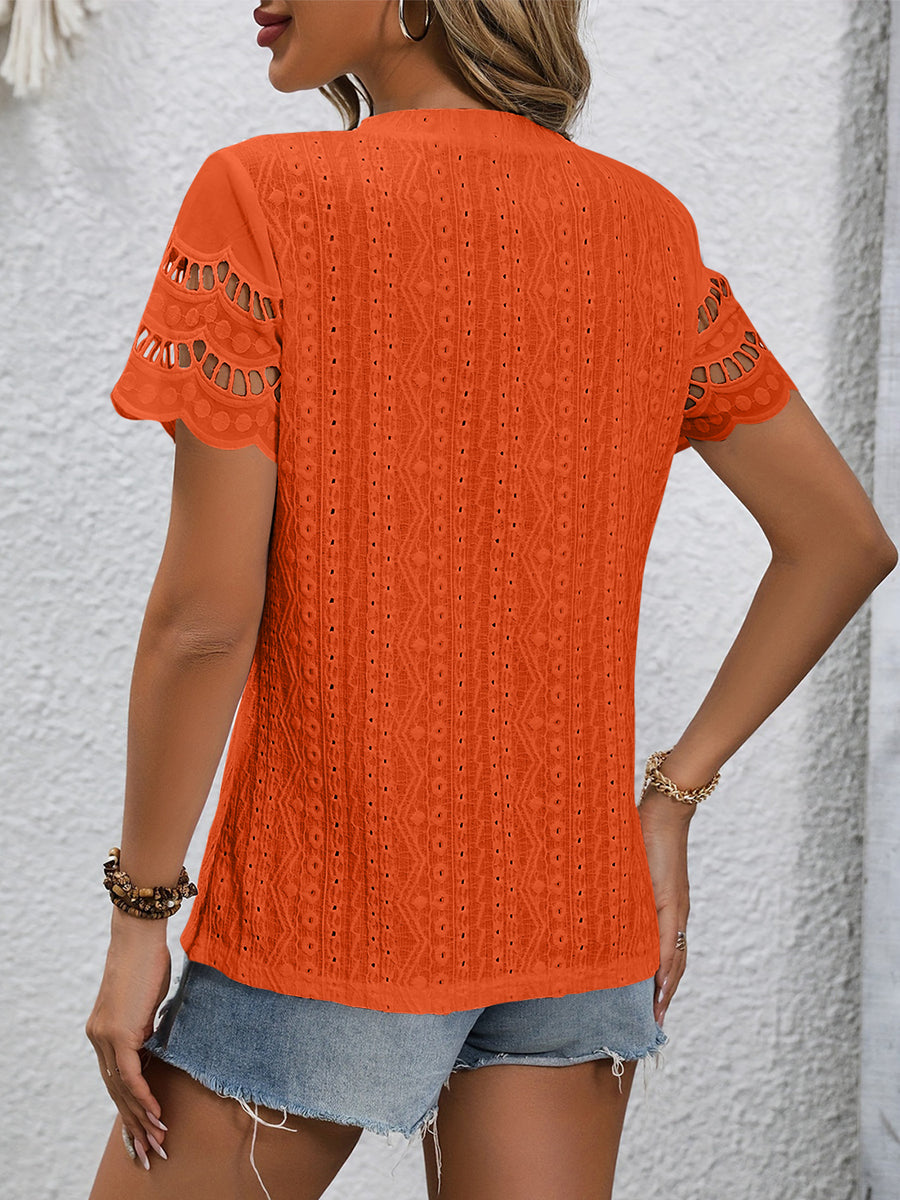 Full Size Eyelet Round Neck Short Sleeve Top Orange-Red