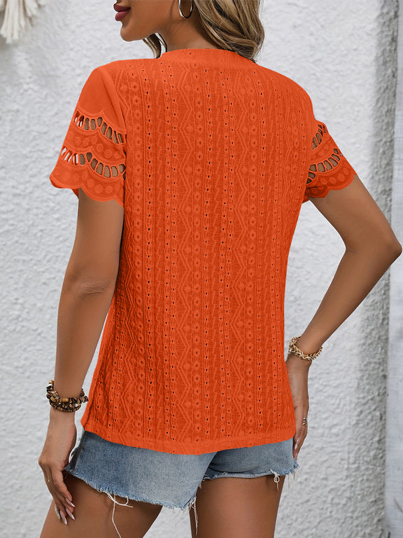Full Size Eyelet Round Neck Short Sleeve Top Orange-Red