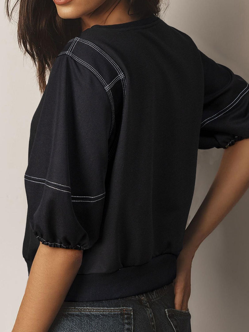 Contrast Stitches Detail Half Sleeve Blouse