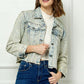 Veveret Multi Color Stripe Rhinestone Raw Hem Denim Jacket