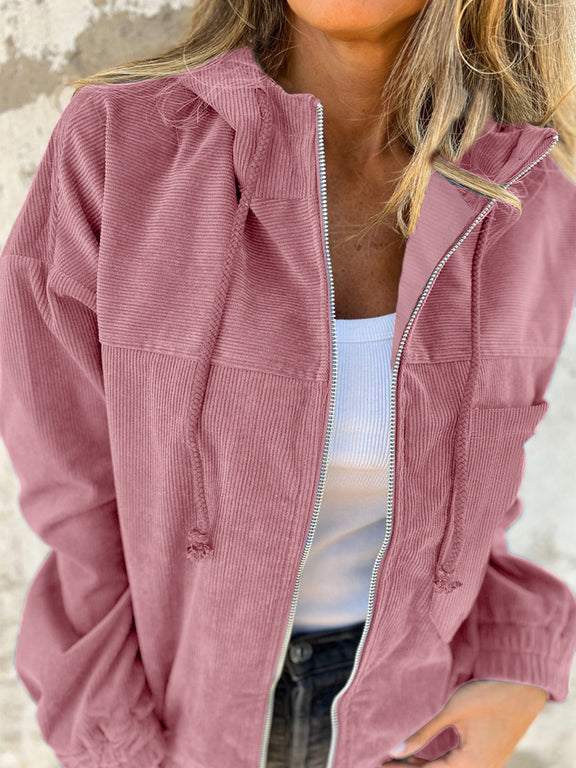 Drawstring Zip Up Long Sleeve Hooded Jacket Dusty Pink