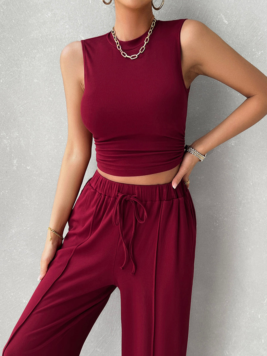 Mock Neck Sleeveless Top and Drawstring Pants Set Burgundy