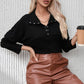 Ribbed Knit Henry Collar Loose Fitting Long Sleeve Top