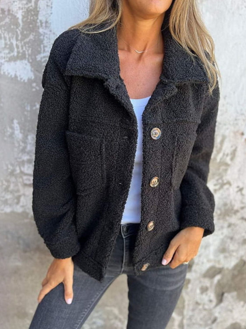 Full Size Fuzzy Button Up Drop Shoulder Jacket Black