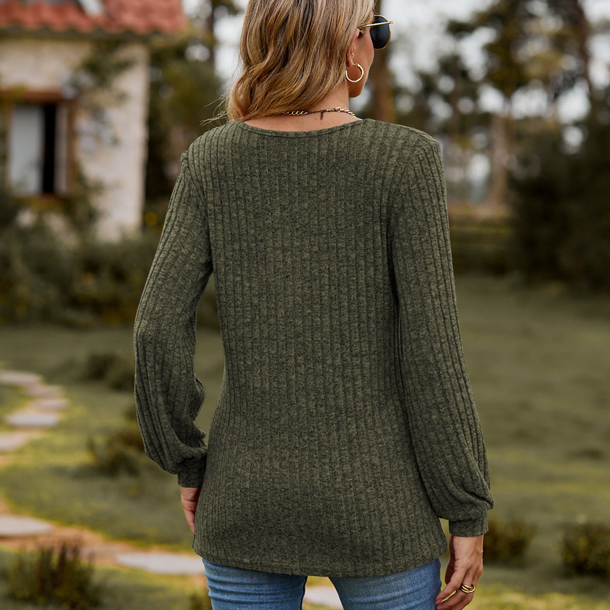 Round Neck Button-Down Long Sleeve Tee