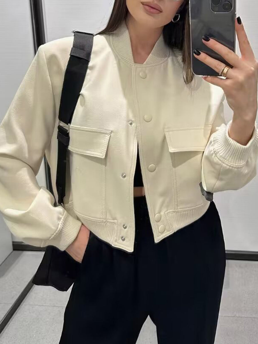 Pocketed Snap Down Baseball Collar Jacket Cream
