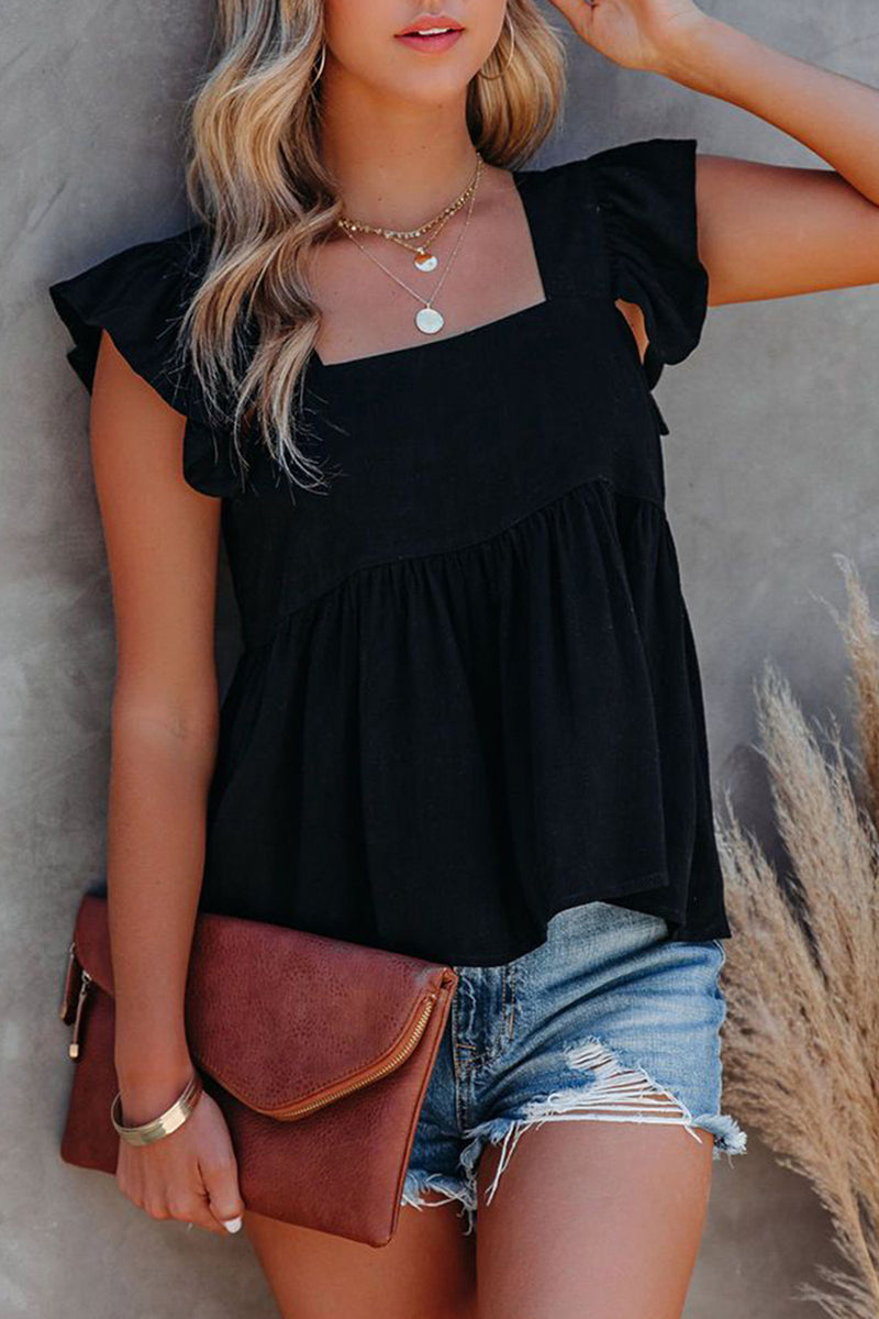Full Size Ruffled Square Neck Cap Sleeve Blouse Black