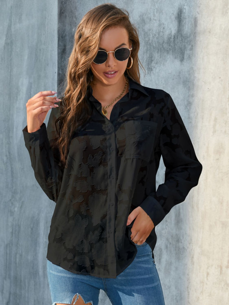 Full Size Collared Neck Long Sleeve Shirt Plus Size Black
