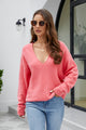 V-Neck Drop Shoulder Long Sleeve Knit Top Fuchsia Pink