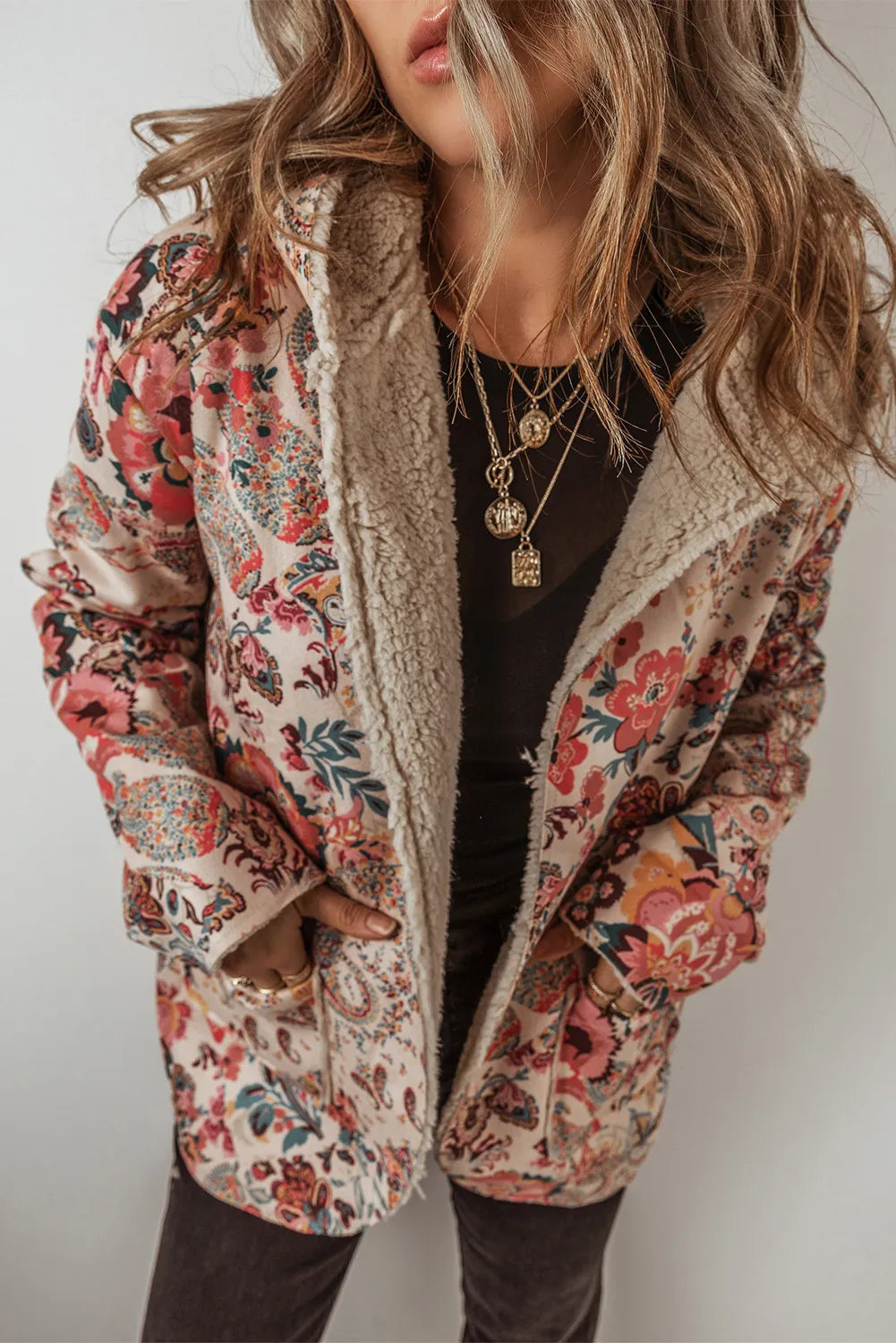 Printed Long Sleeve Hooded Jacket Floral