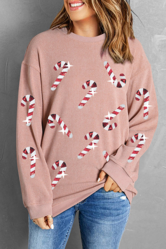 Sequin Candy Cane Round Neck Sweatshirt Dusty Pink