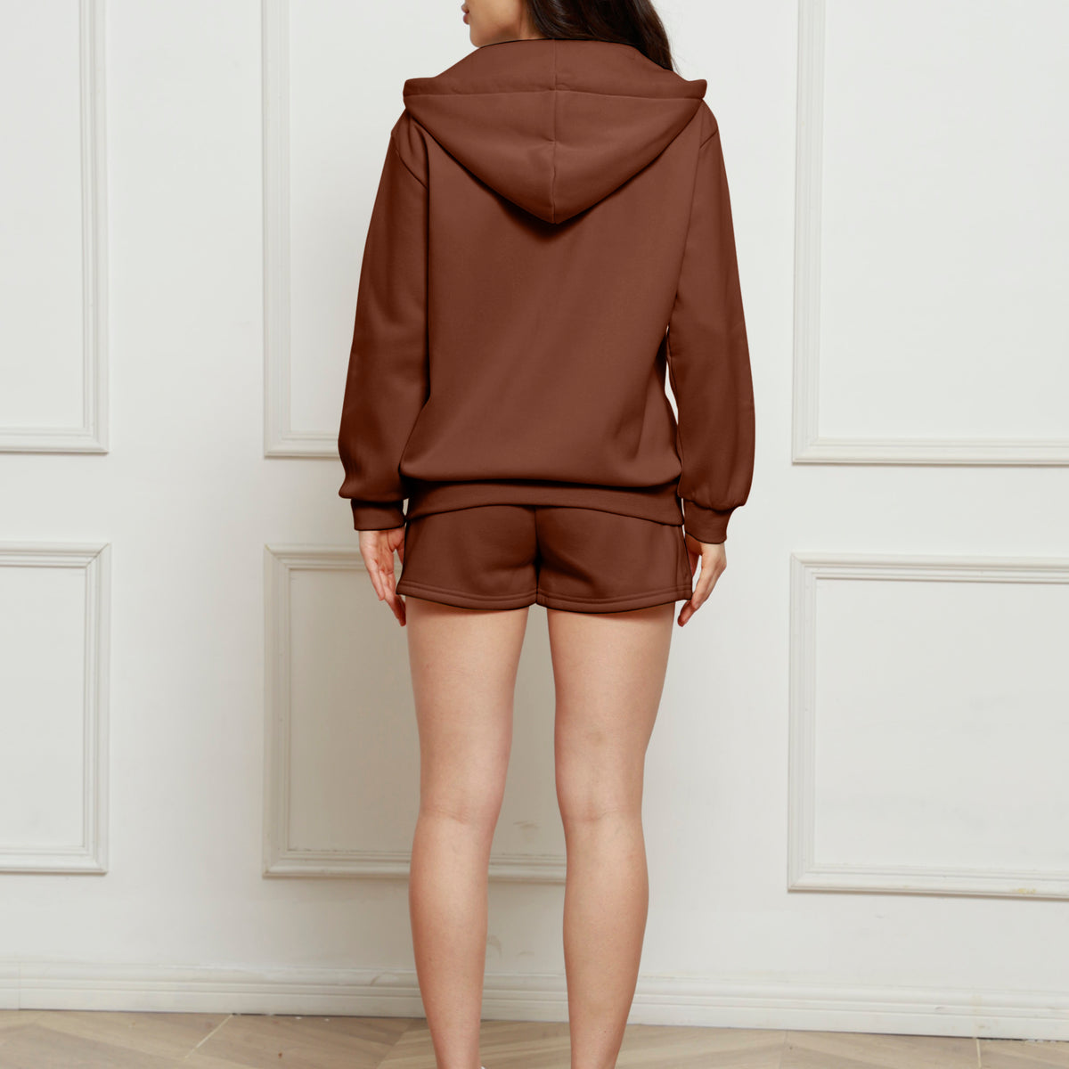 Zip Up Drawstring Hoodie and Shorts Set