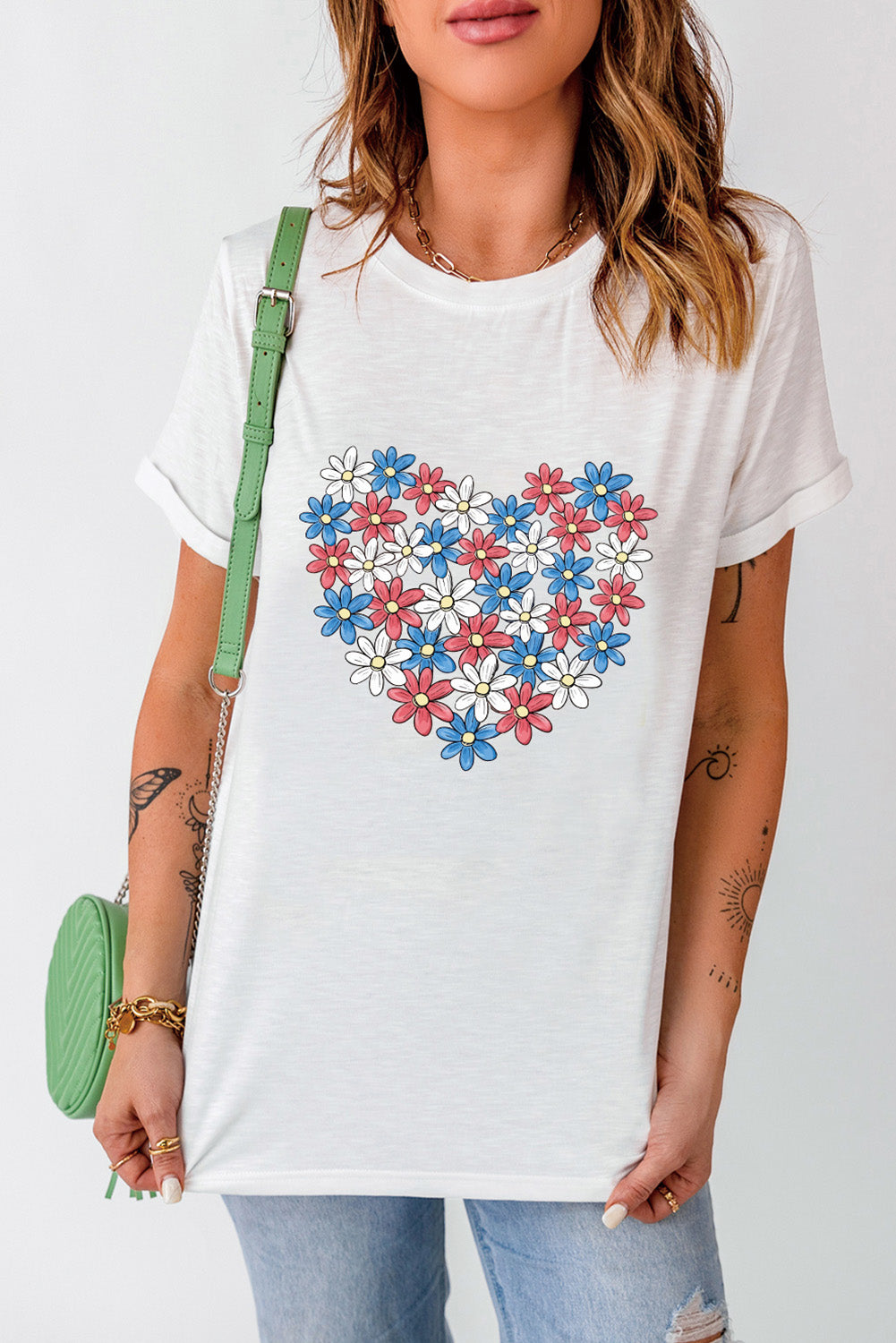 Flower Graphic Round Neck Short Sleeve T-Shirt White