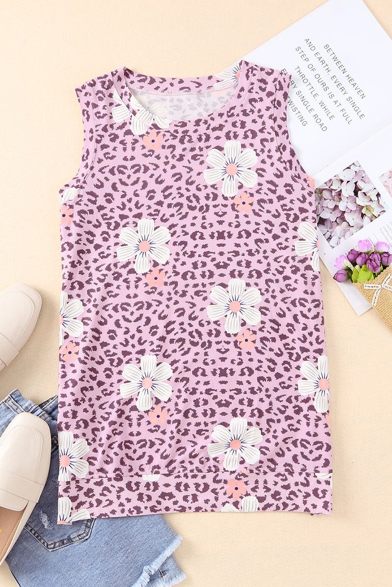 Printed Side Slit Round Neck Tank Pink Lavender